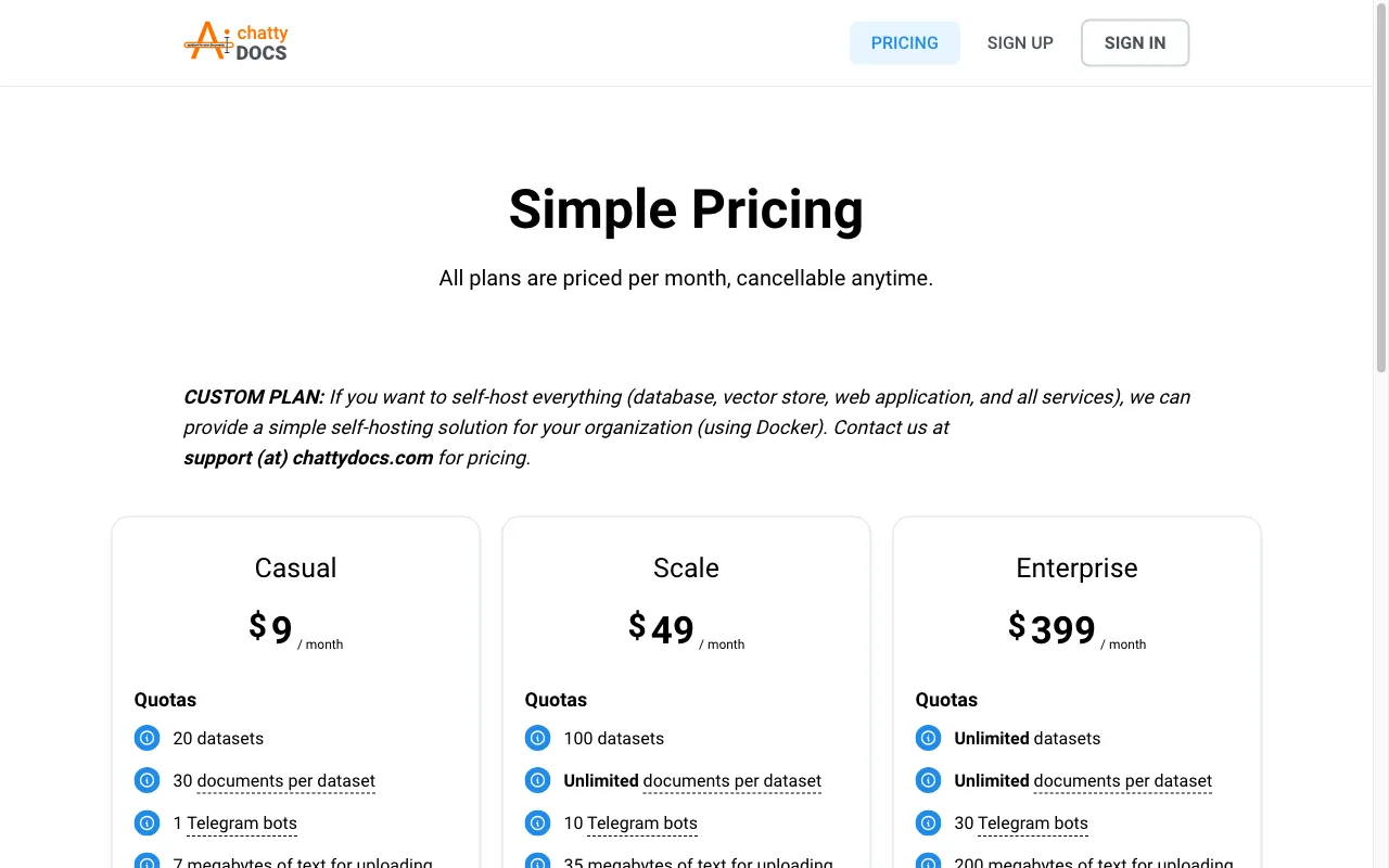 ChattyDocs — pricing page