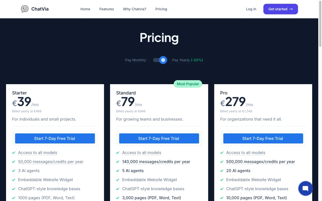 ChatVia.ai — pricing page