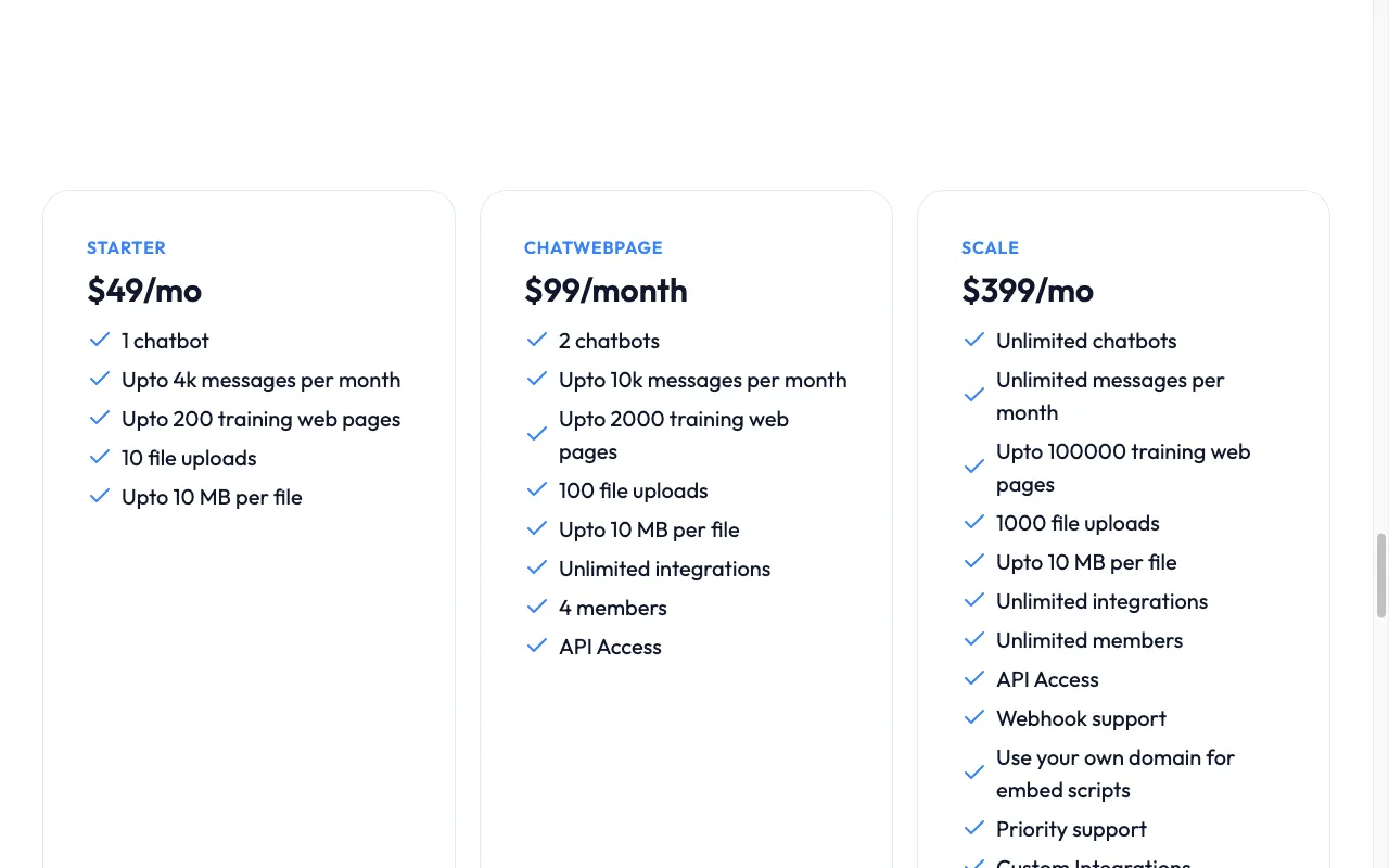 ChatWebpage — pricing page