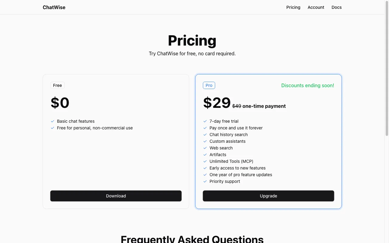 ChatWise — pricing page