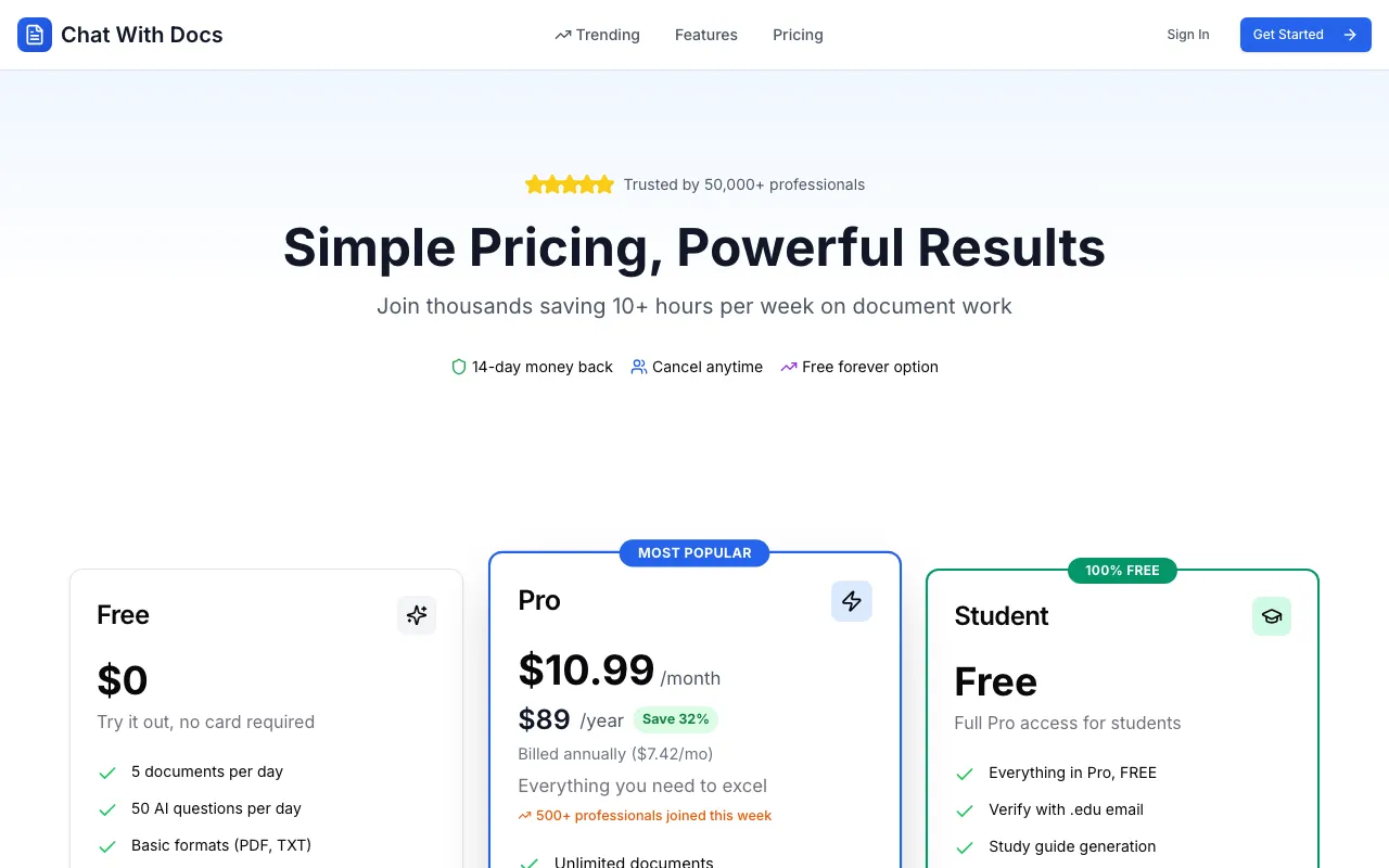 Chat With Docs — pricing page
