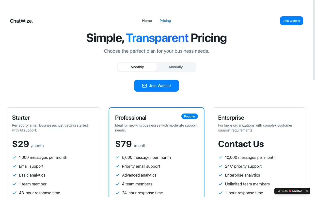 Chatwize — pricing page