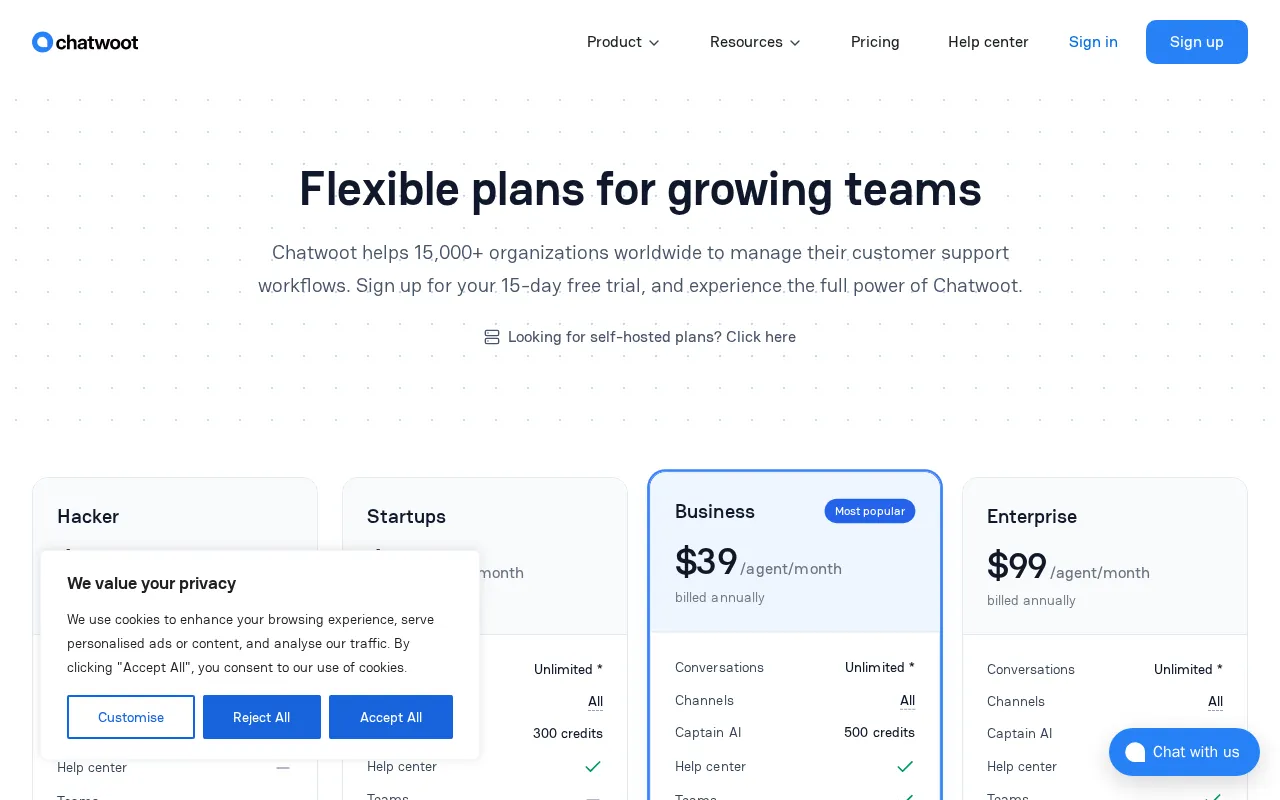 Chatwoot — pricing page