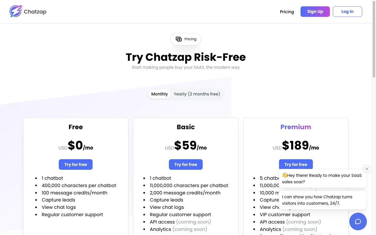 chatzap.co — pricing page