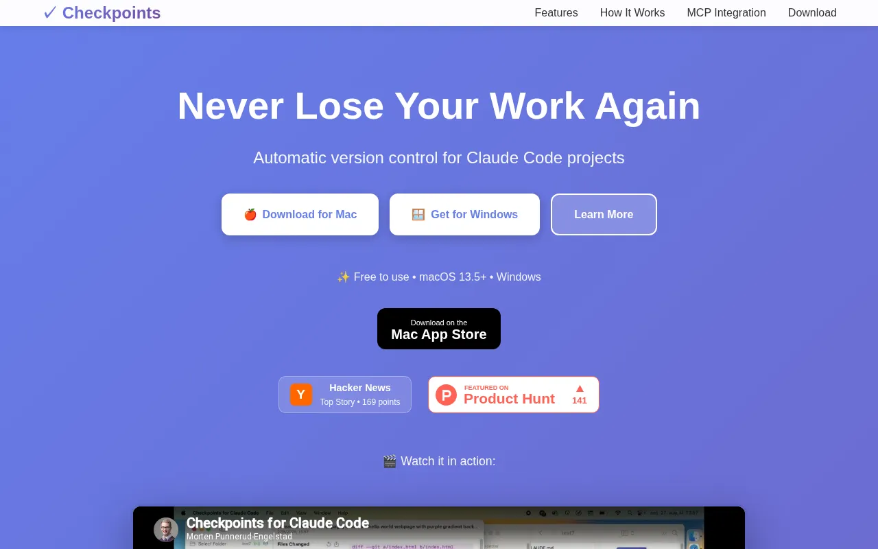 Checkpoints for Claude Code — preview screenshot