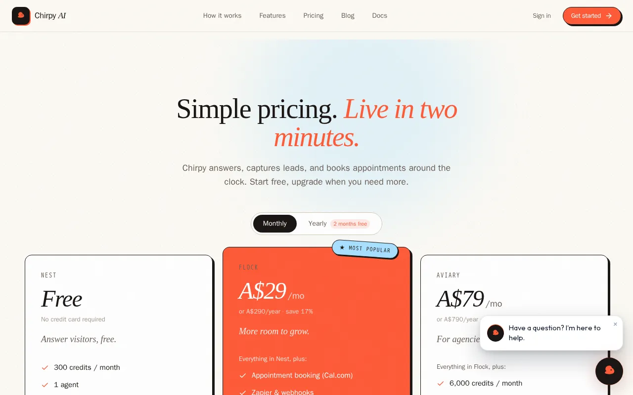 Chirpy AI — pricing page