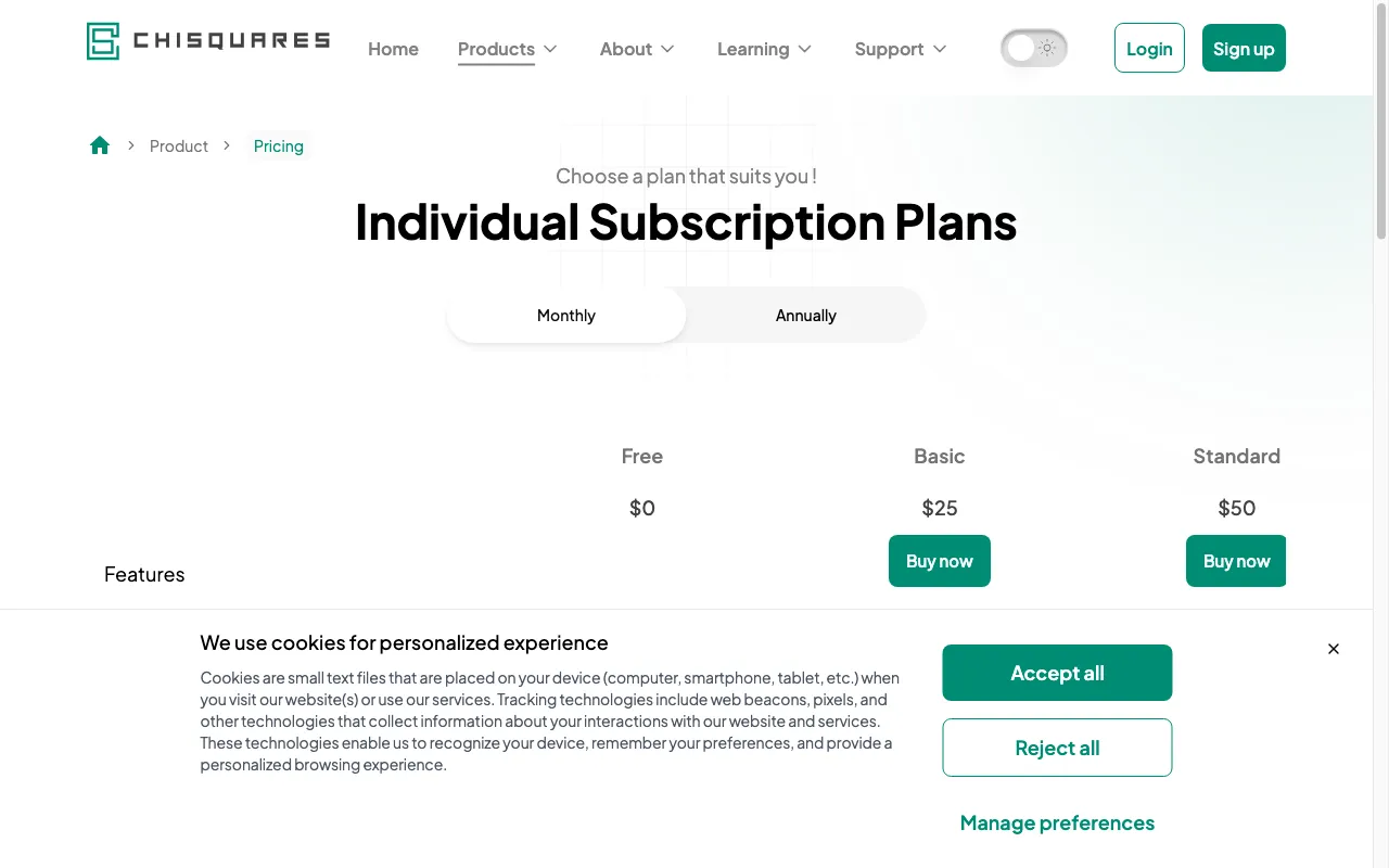 Chisquares — pricing page