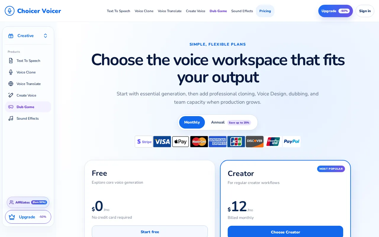 Choicer Voicer — pricing page