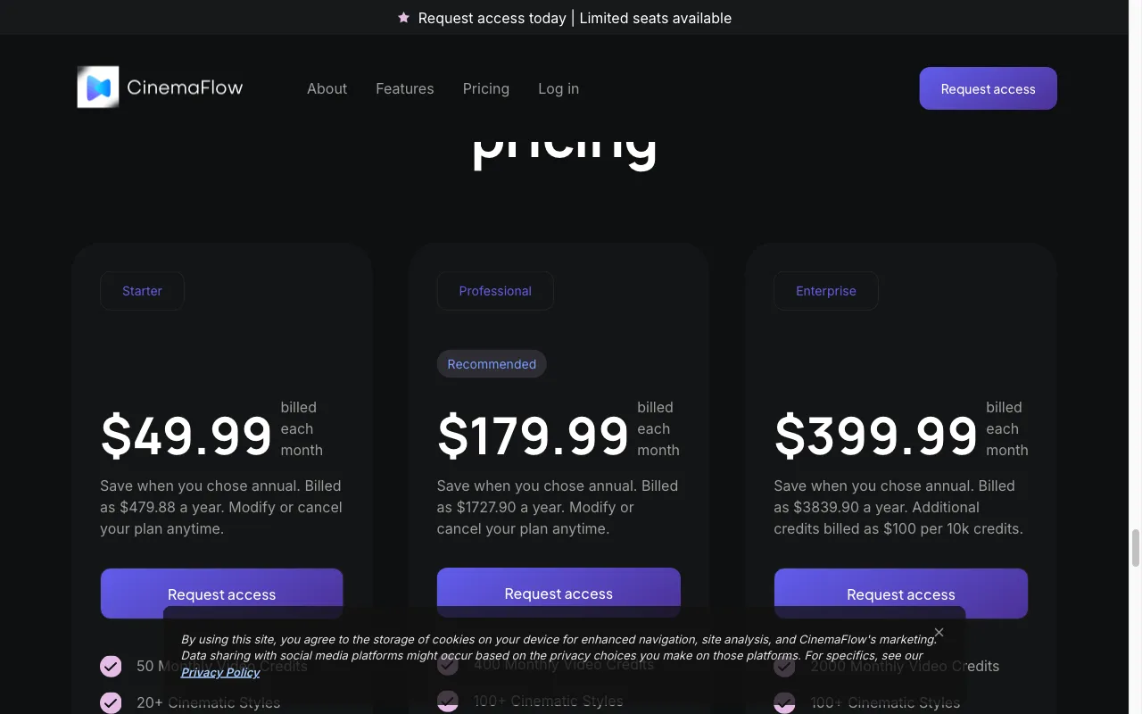 CinemaFlow AI — pricing page