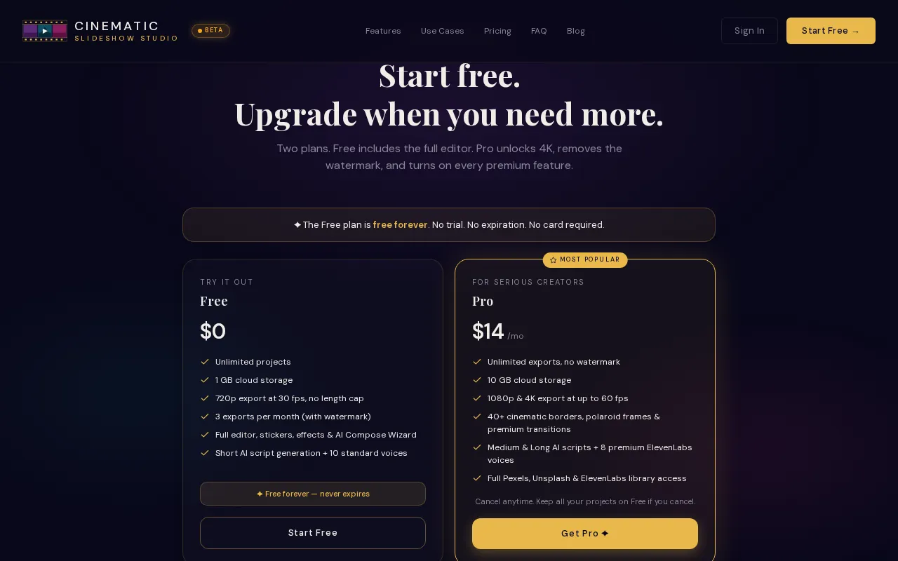 Cinematic Slideshow Studio — pricing page
