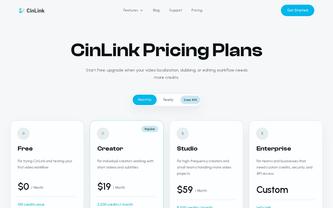 CinLink — pricing page
