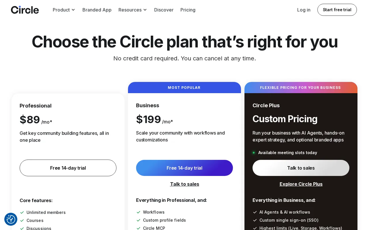 Circle — pricing page