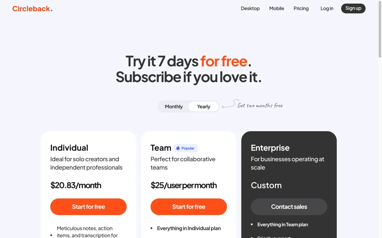 Circleback.ai — pricing page