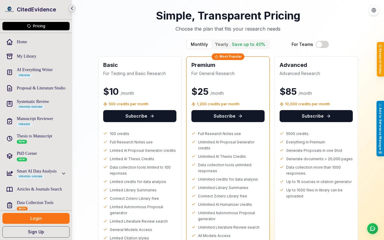 CitedEvidence — pricing page