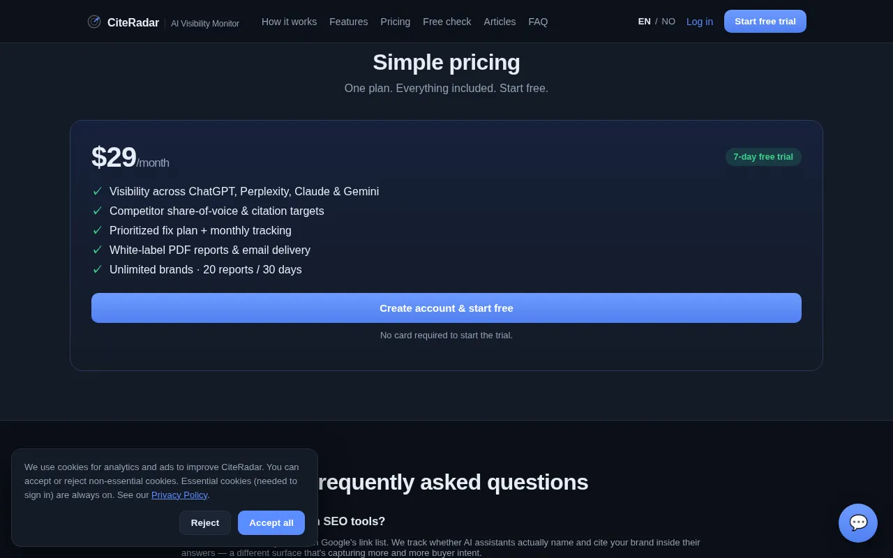 CiteRadar.io — pricing page
