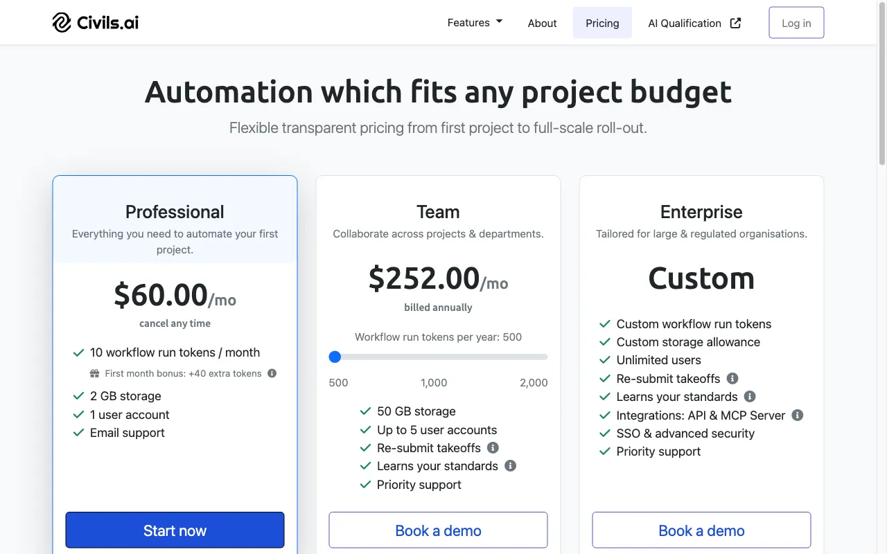 Civils.ai — pricing page