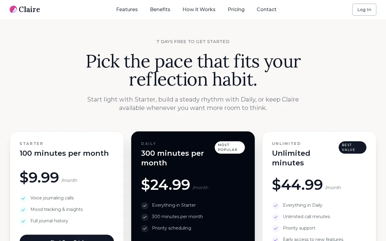 Claire — pricing page