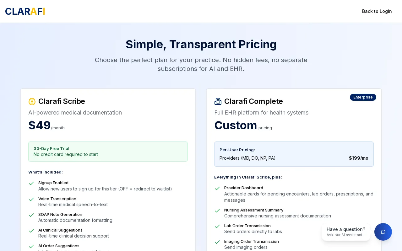 Clarafi — pricing page