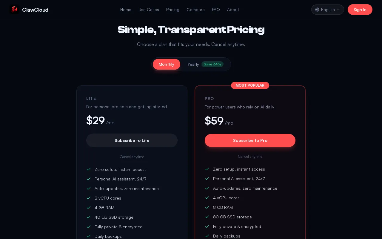 ClawCloud — pricing page