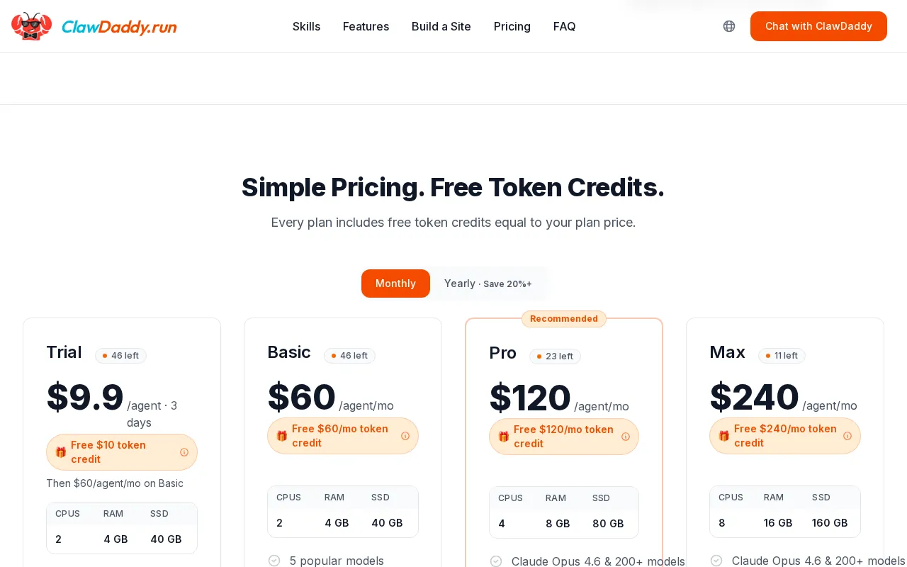 ClawDaddy Managed Hosting for OpenClaw — pricing page