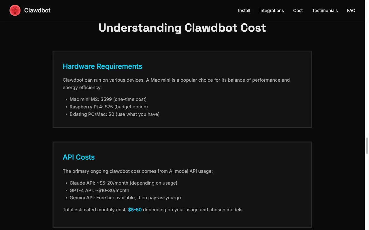 Clawdbot AI — pricing page