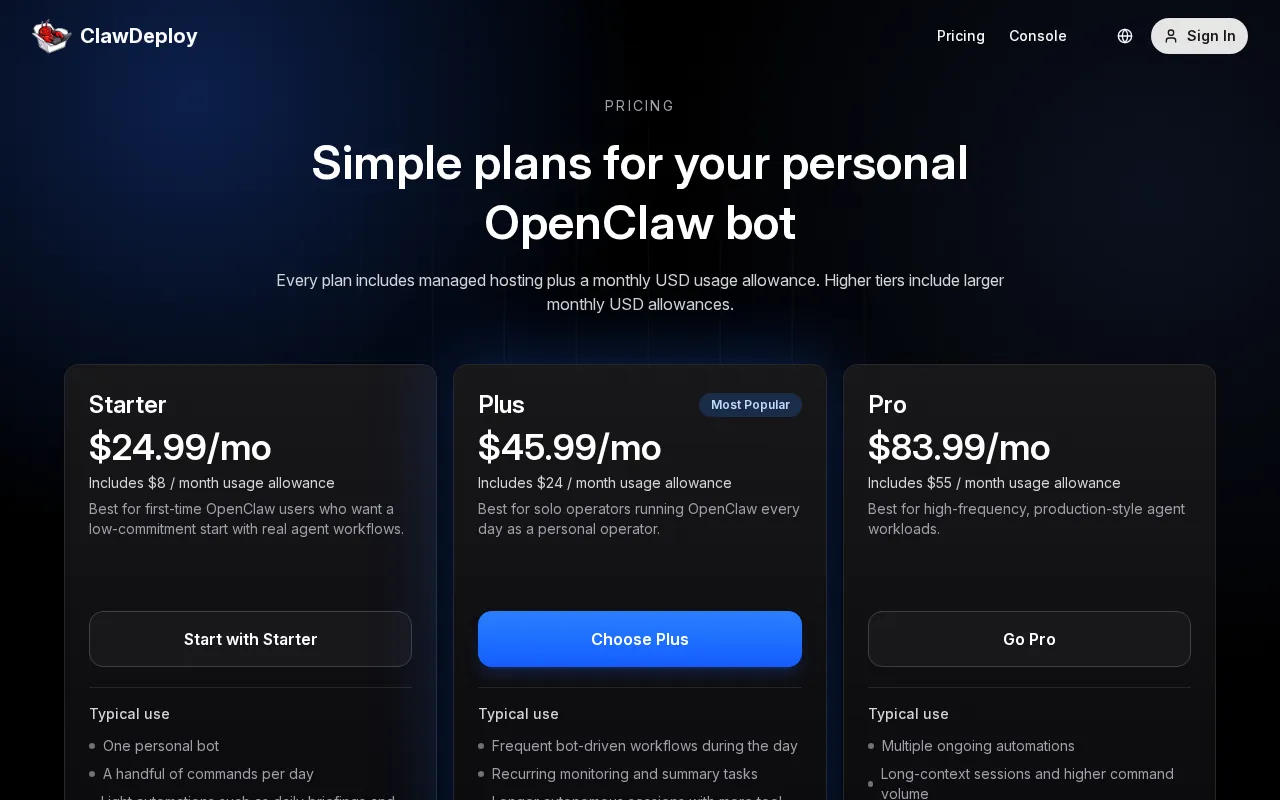 ClawDeploy AI — pricing page