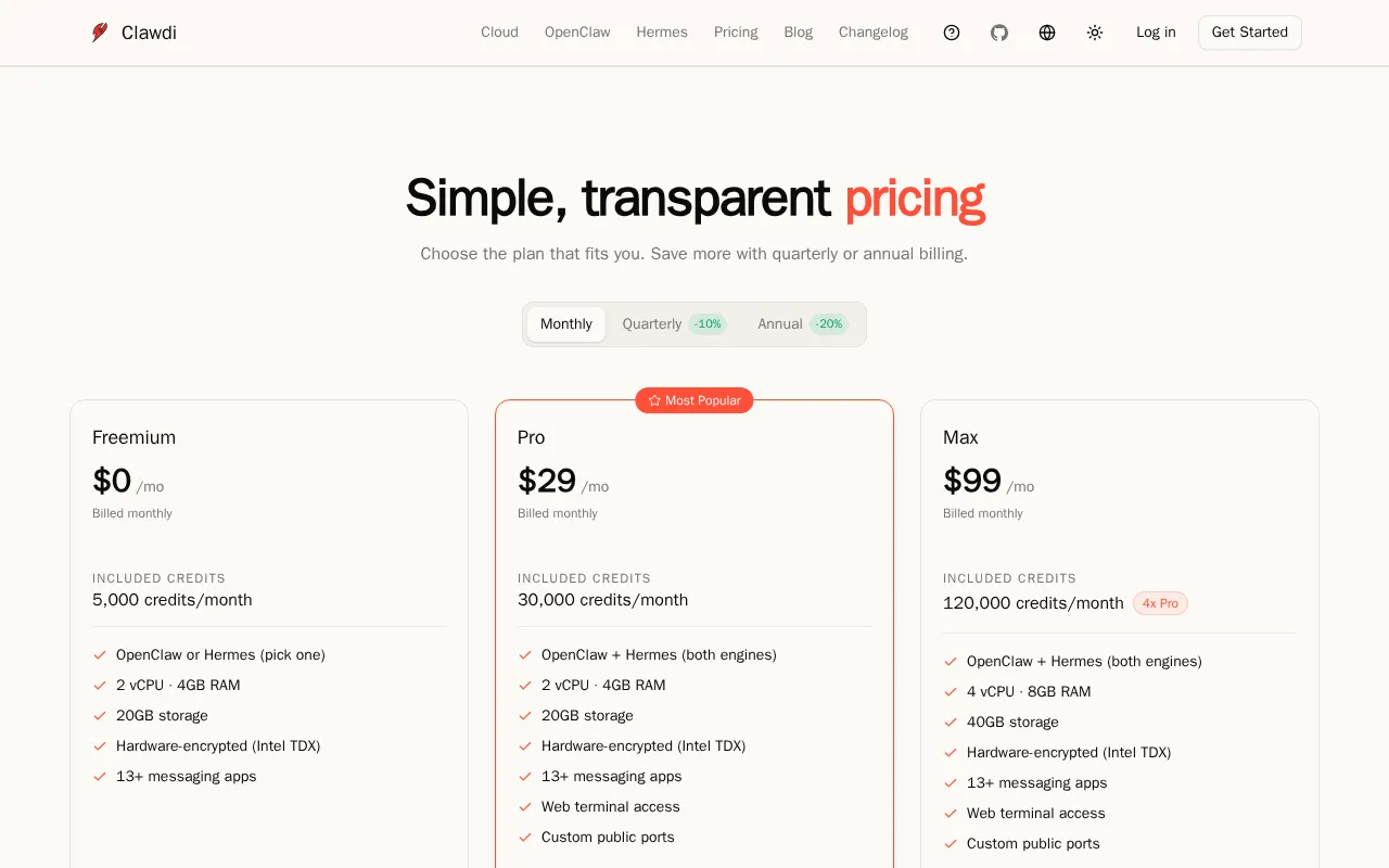 Clawdi — pricing page