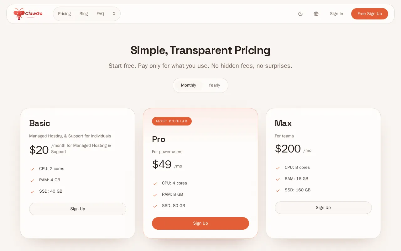 ClawGo — pricing page