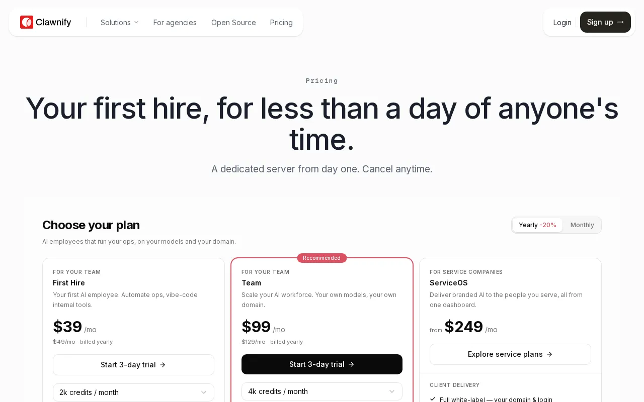 Clawnify — pricing page