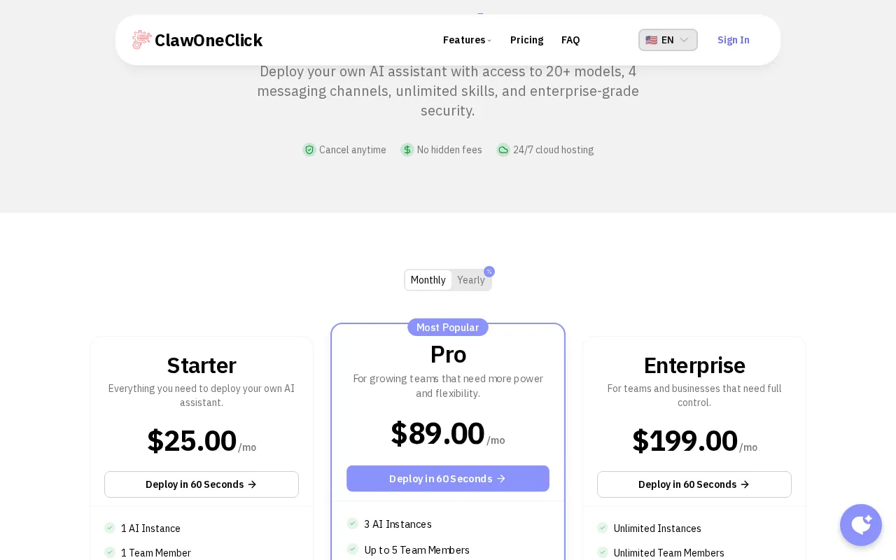 ClawOneClick — pricing page
