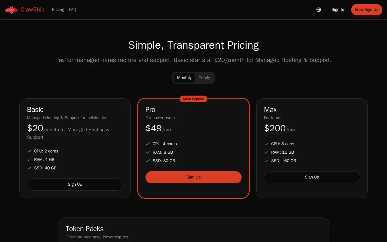 ClawShip — pricing page