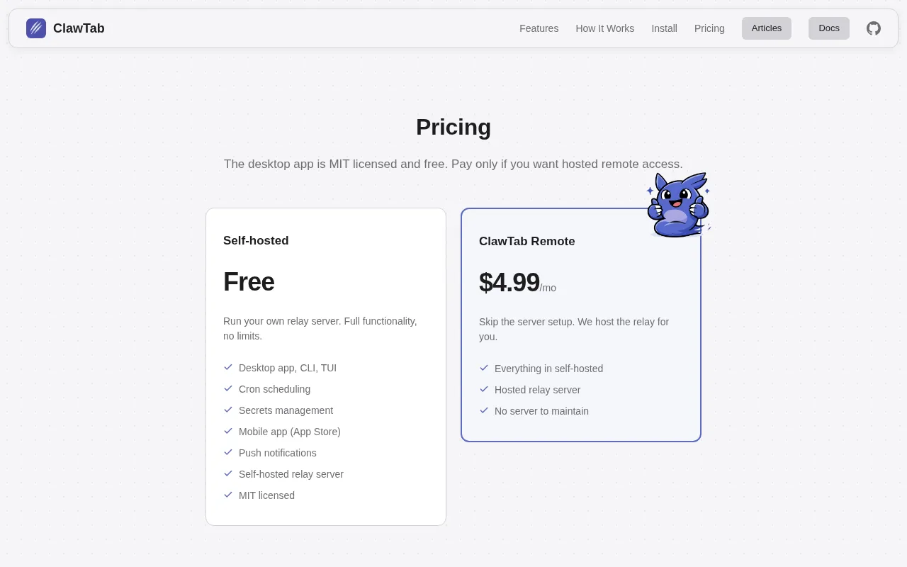 ClawTab — pricing page