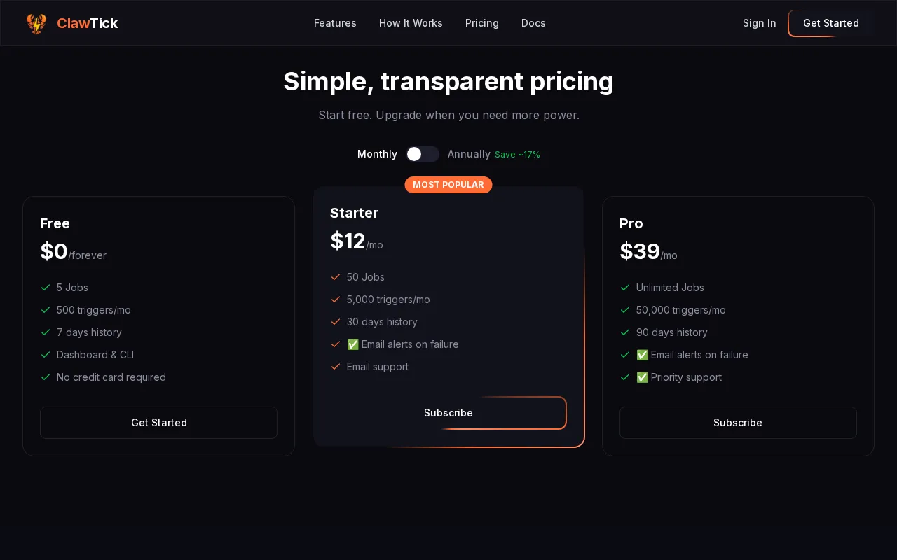 ClawTick — pricing page
