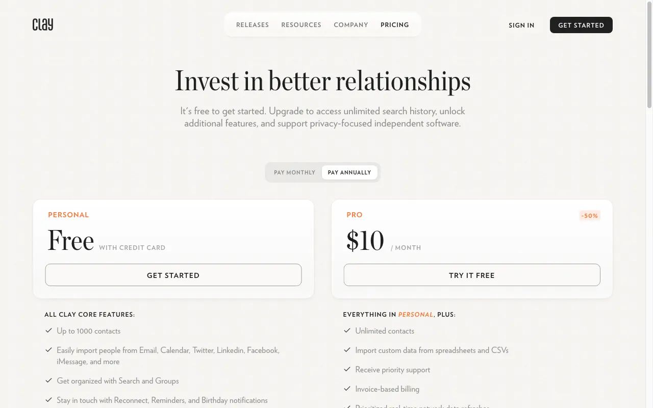 clay.earth — pricing page