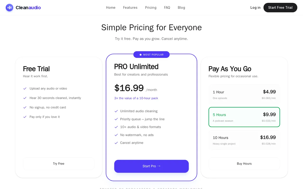 CleanAudio AI — pricing page