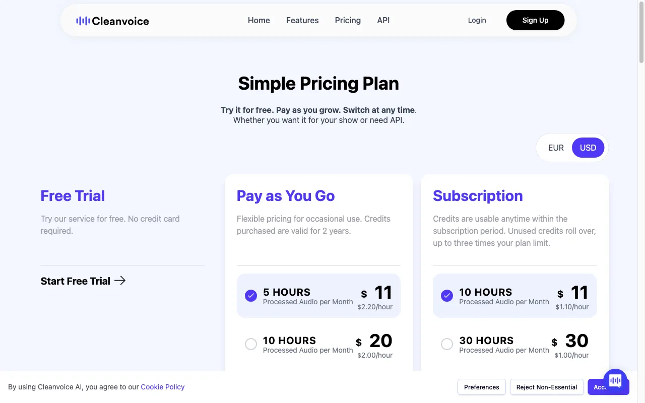 Cleanvoice AI — pricing page