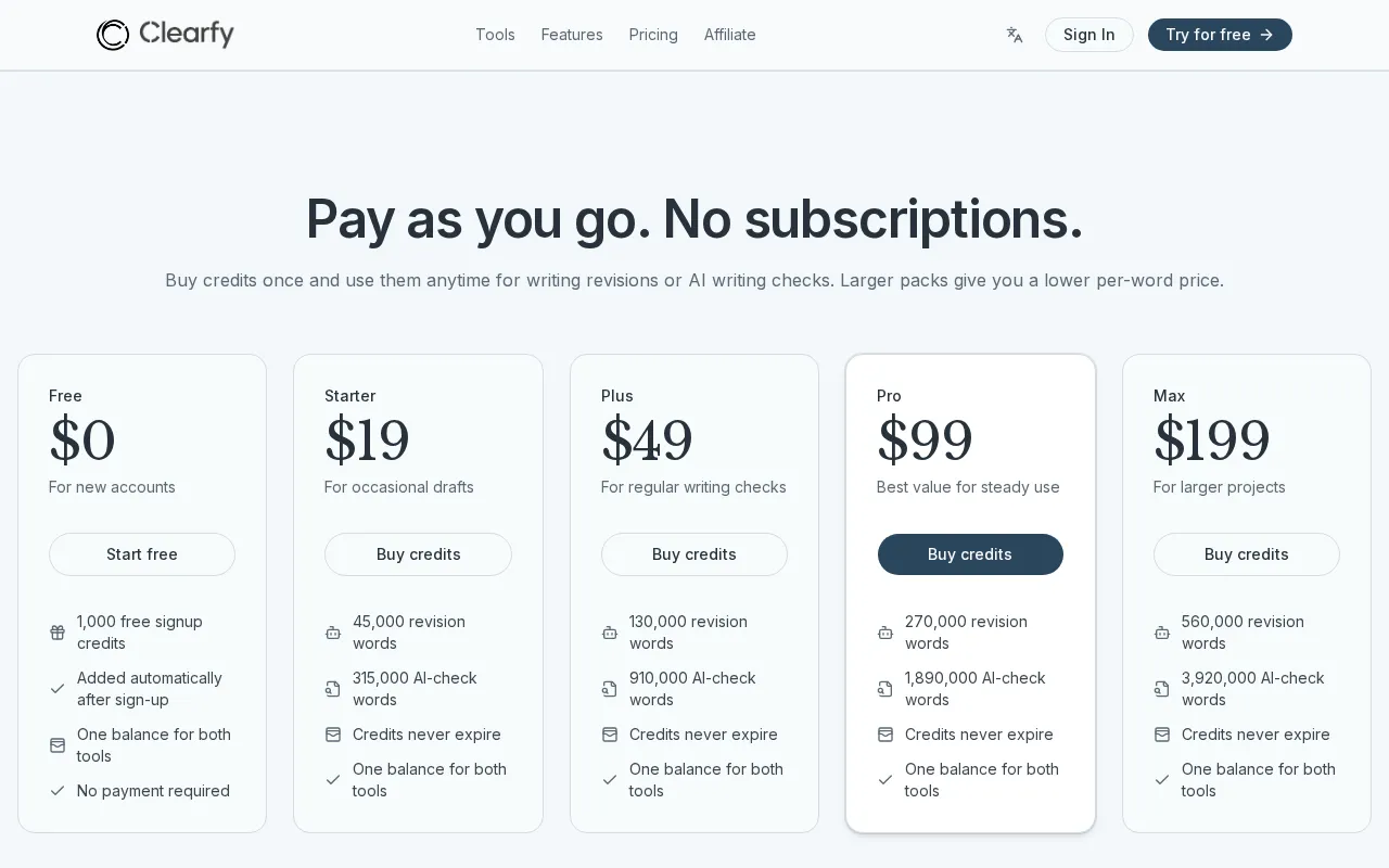 Clearfy — pricing page
