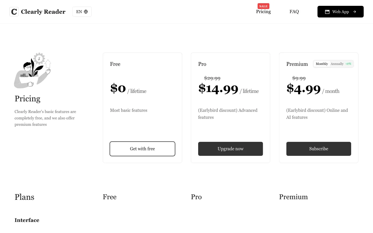 Clearly Reader — pricing page