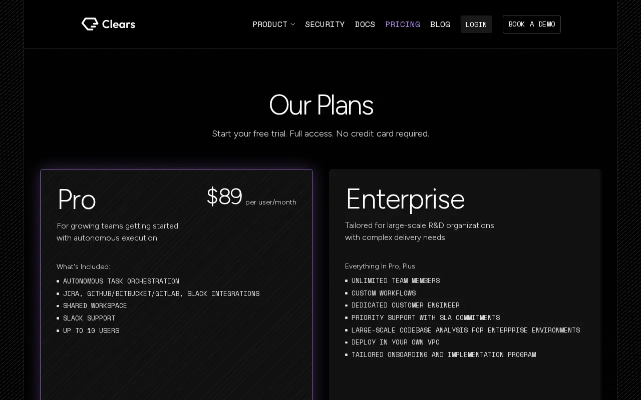 Clears — pricing page