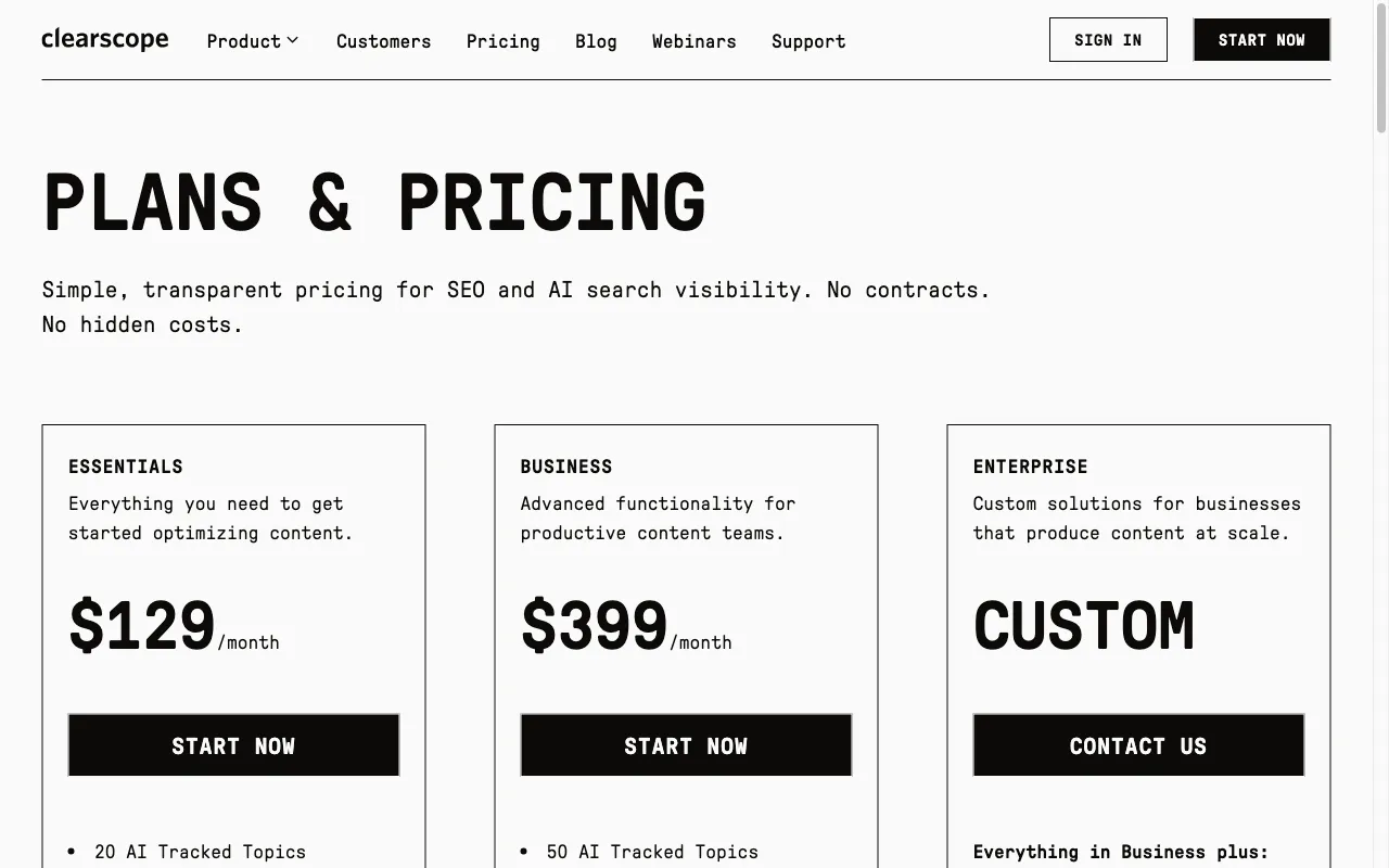 Clearscope — pricing page