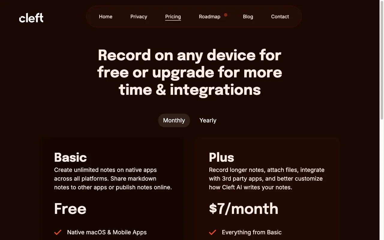 Cleft Notes — pricing page