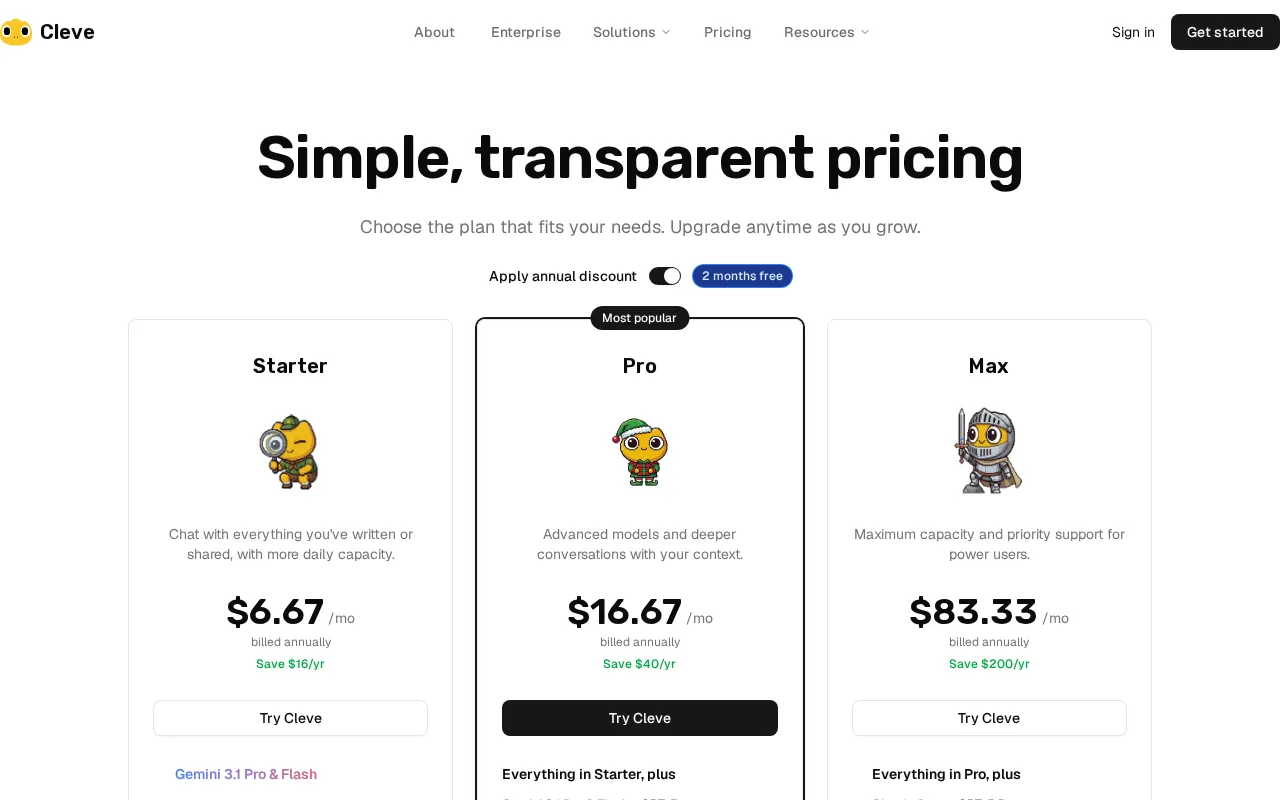 Cleve — pricing page