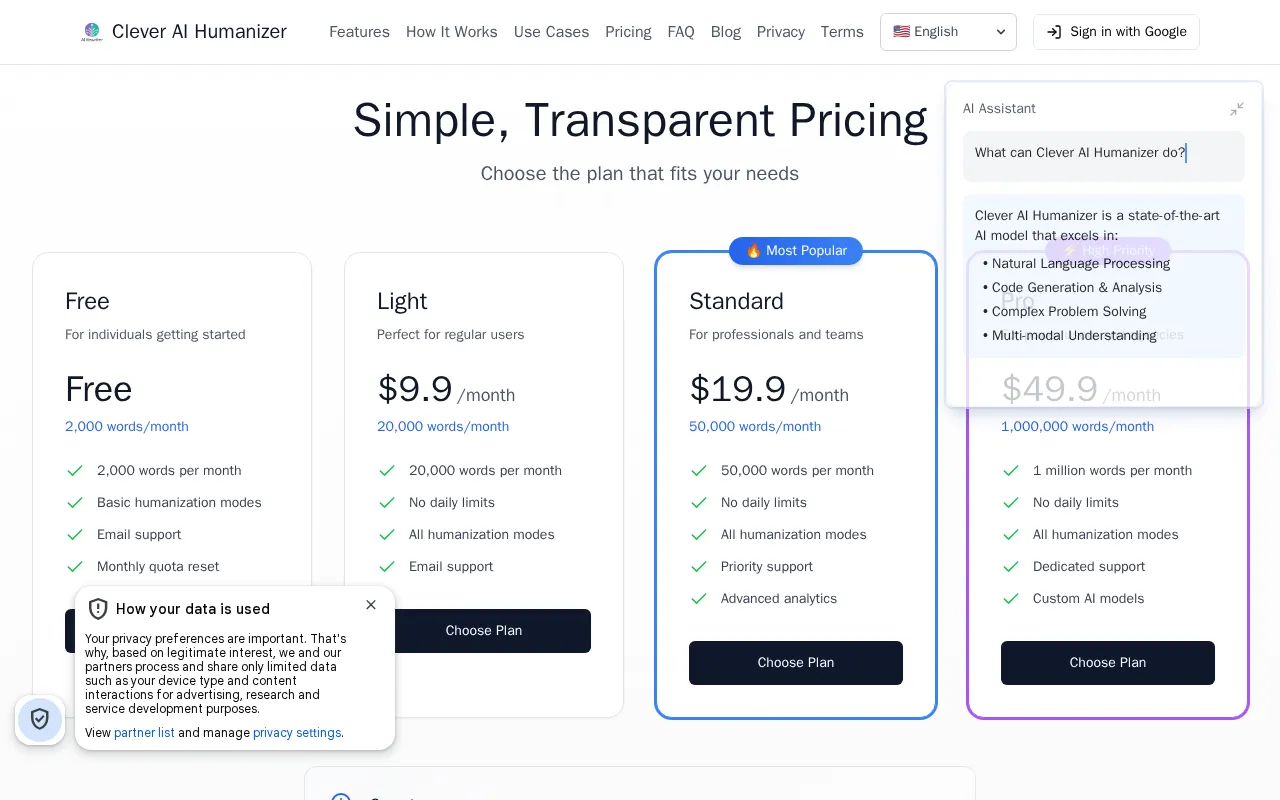 Clever AI Humanizer — pricing page