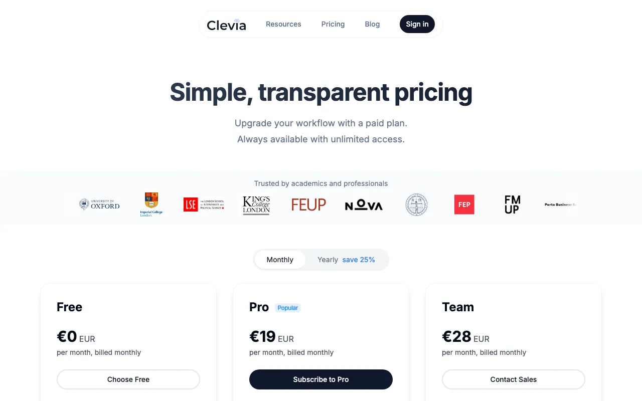 Clevia — pricing page