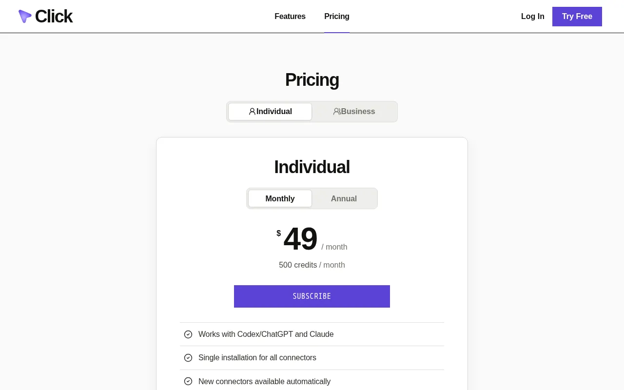 Click — pricing page