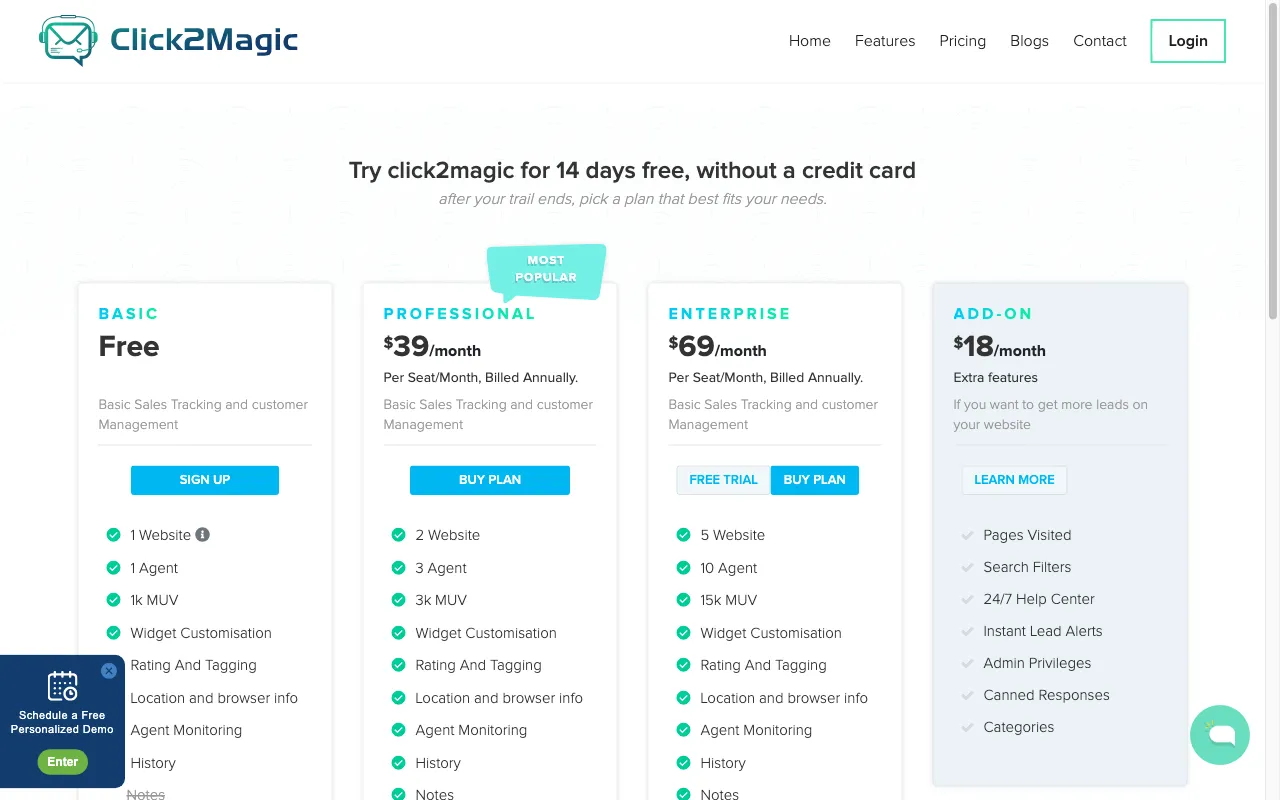 Click2Magic — pricing page