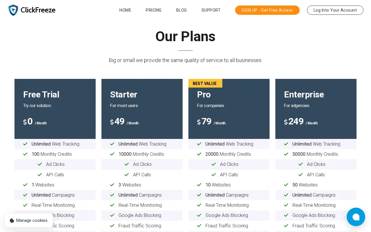 ClickFreeze — pricing page