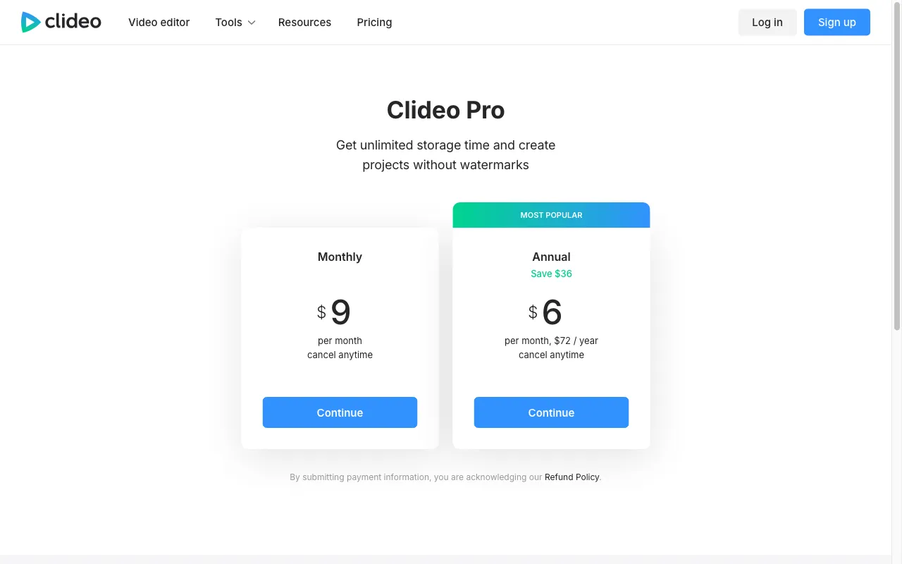 Clideo — pricing page