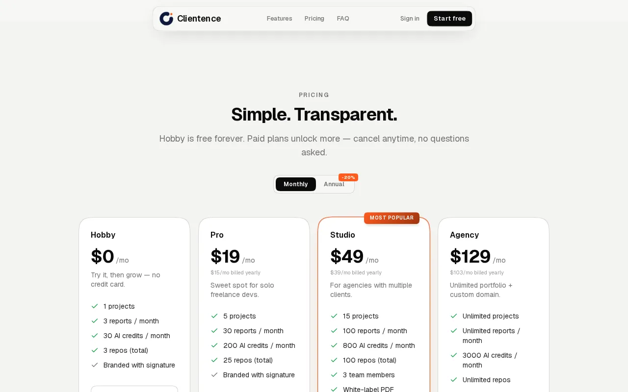 Clientence — pricing page