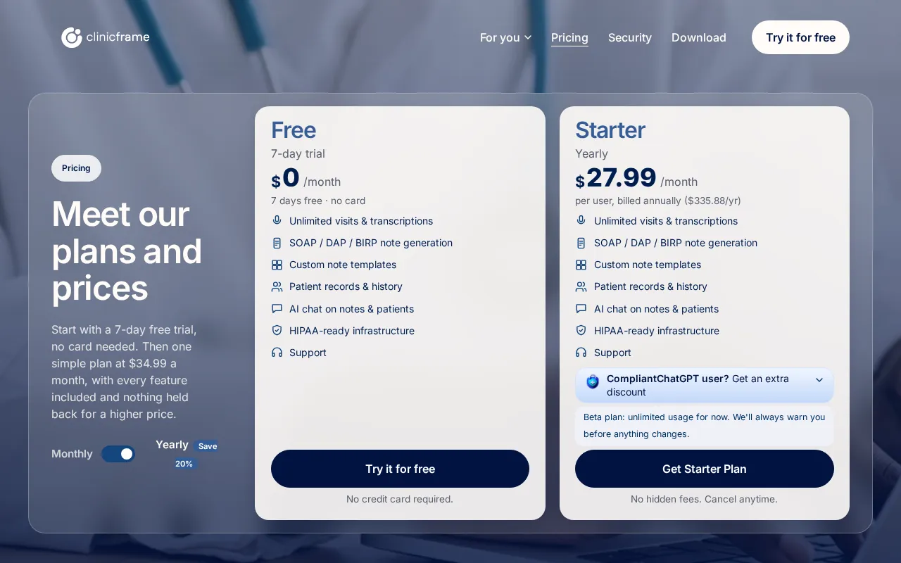 ClinicFrame — pricing page